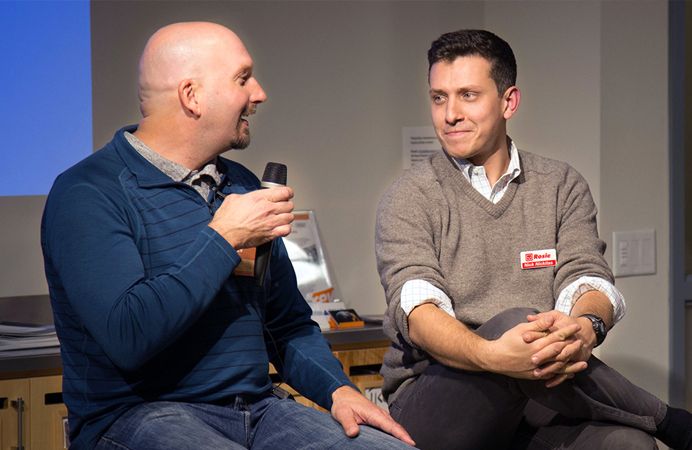 Charlie Mulligan of GiveGab speaks with Nick Nickitas of Rosie at a Rev hosted panel discussion.