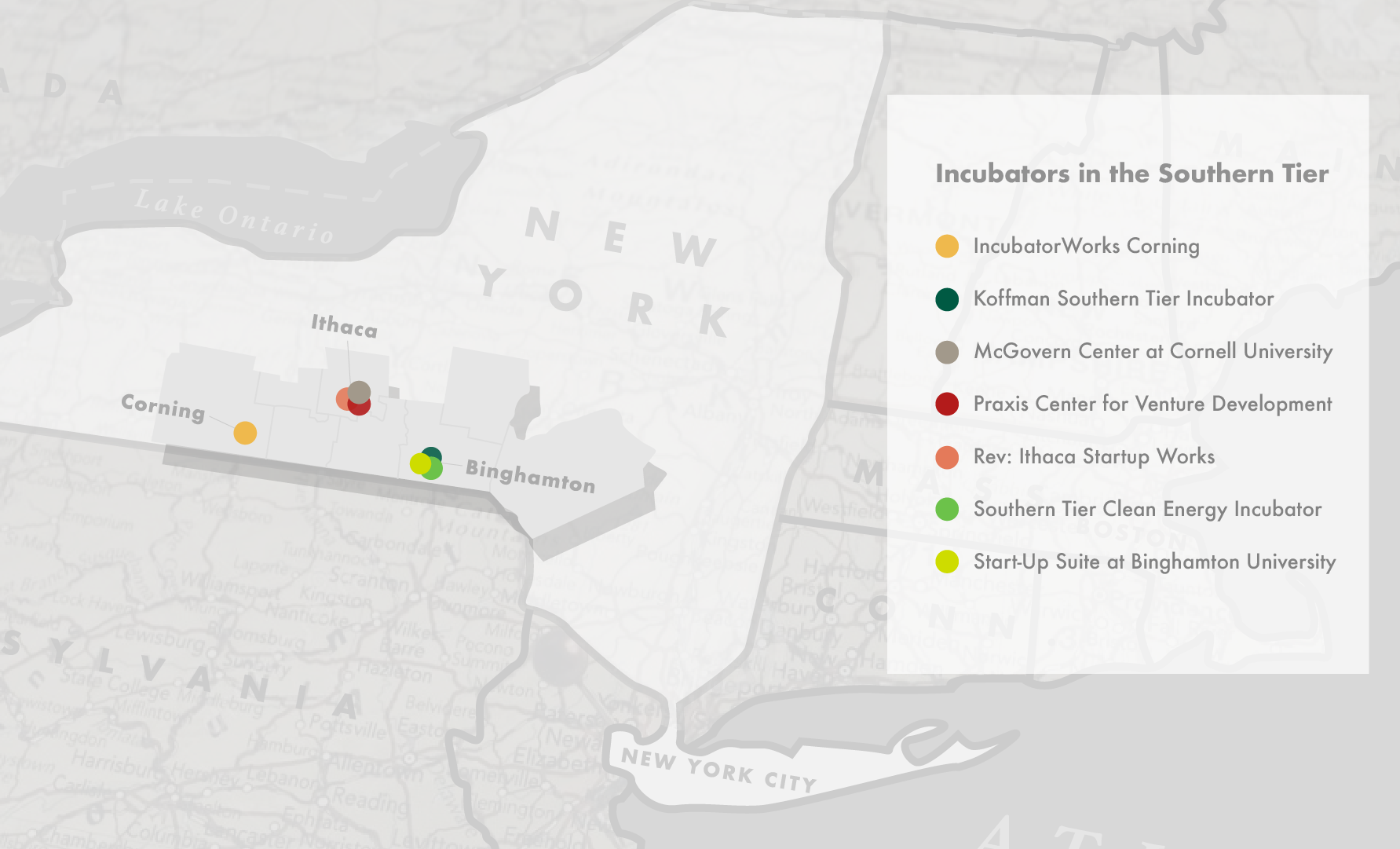 STSA Incubator Map showing the state of New York with dots showing incubators