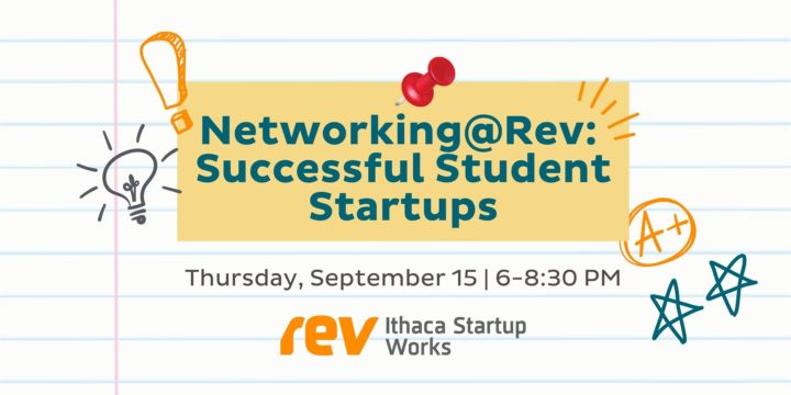 Graphic: Networking@Rev: Successful Student Startups. Thursday, September 15, 6-8:30 PM. Rev: Ithaca Startup Works.