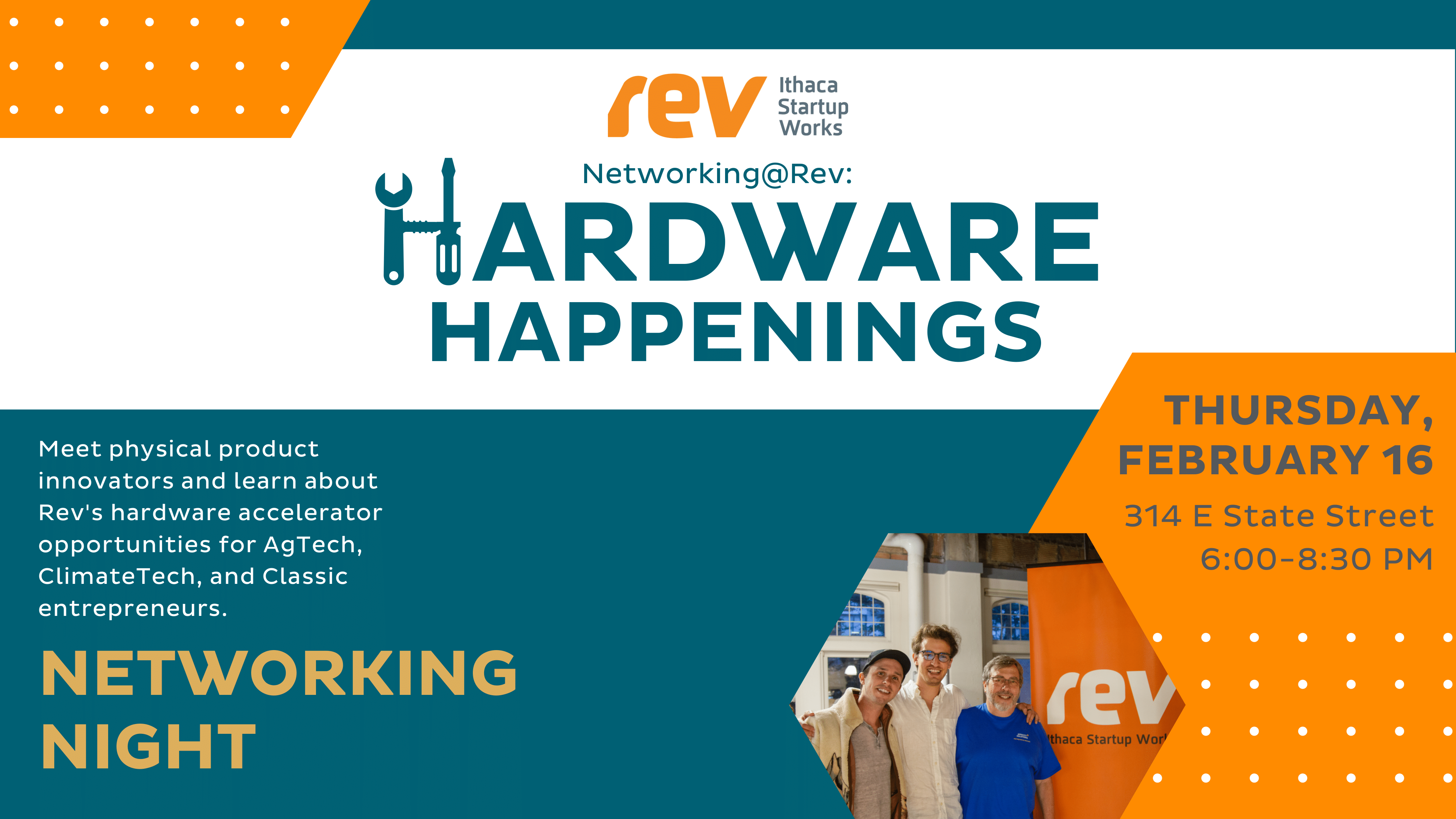 Graphic: Networking@Rev: Hardware Happenings on Feb. 16 from 6 to 8:30 p.m. ET