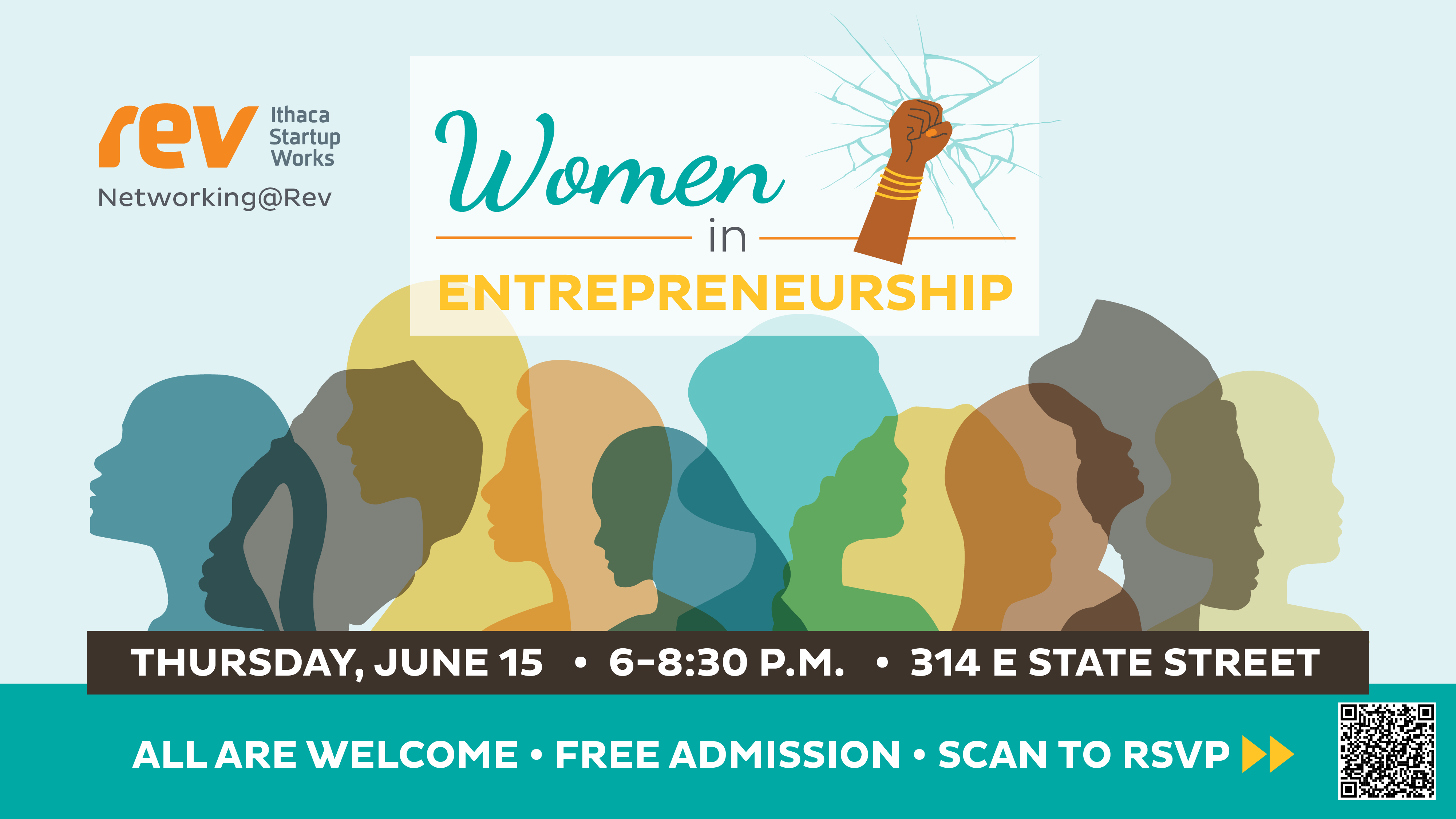 Graphic: Networking@Rev: Women in Entrepreneurship, Thursday, June 15 from 6 to 8:30 pm at Rev: Ithaca Startup Works.