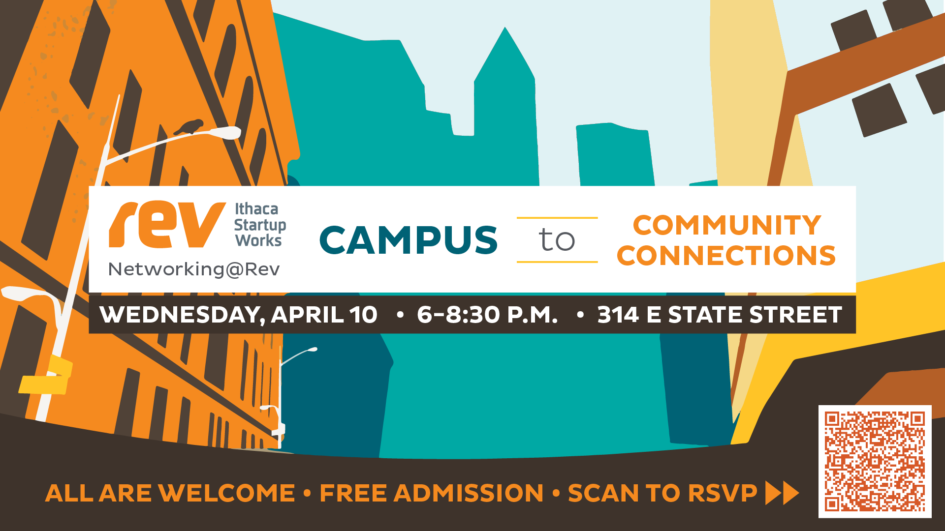 Graphic for Networking Night at Rev. Campus to Community Connection. Its a colorful graphic featuring outlines of the buildings in the Ithaca Commons in blue and orange.
