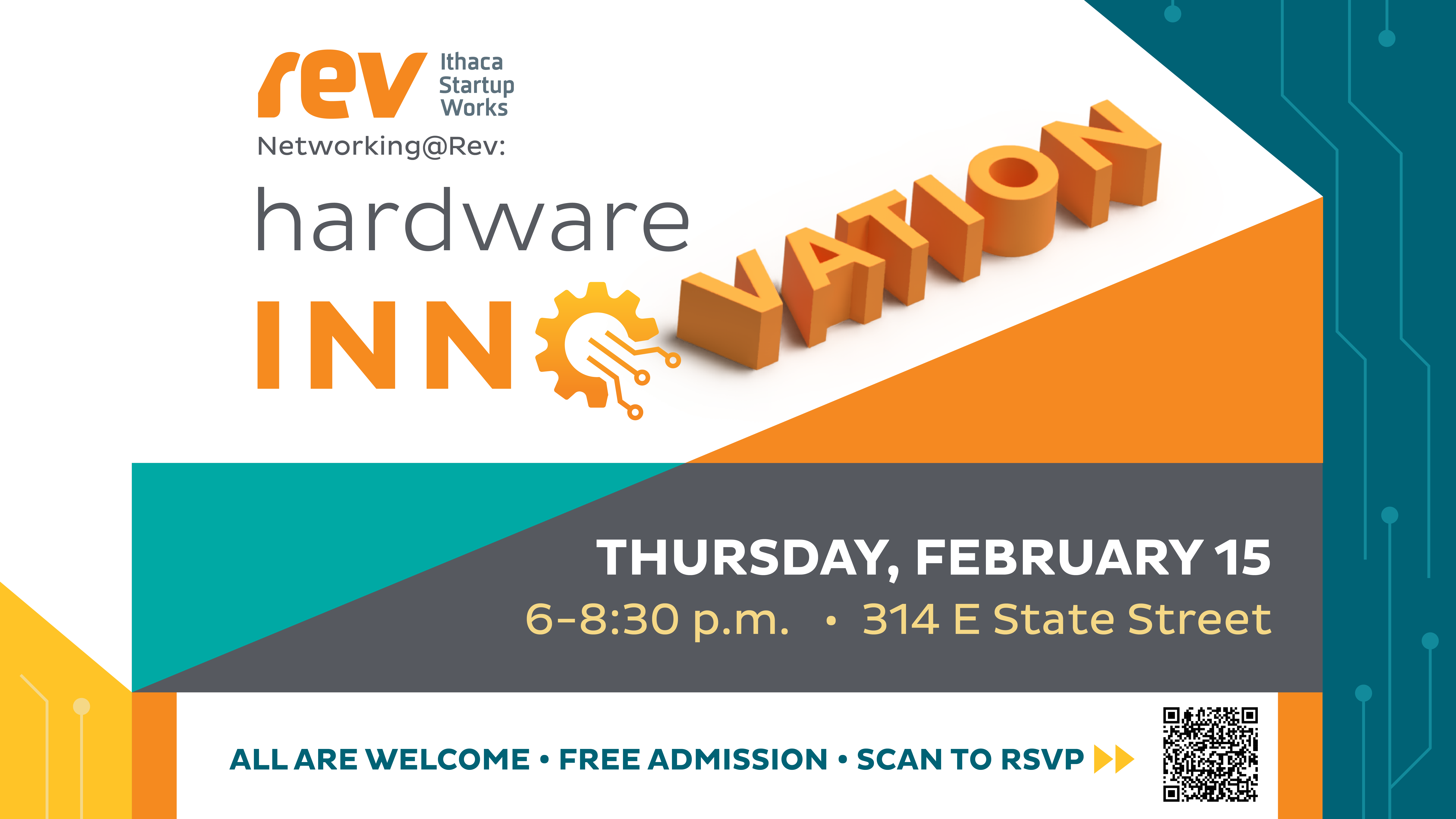 Graphic for Rev Ithaca Startup Works Hardware Innovation Networking Night.