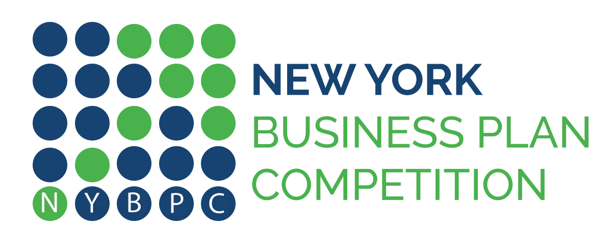 New York Business Plan Competition Logo. To the left of the words is a design of dots that make up an arrow pointing upwards.