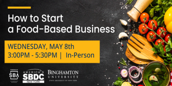 Graphic of a slate table with veggies and cooking utensils on it. With the title, "How to Start a Food-Based Business"